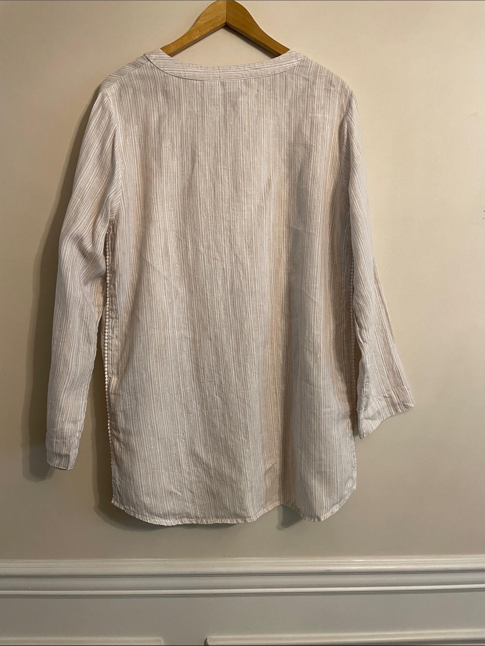 Antibes Blanc Linen Blend Tunic Shirt Women’s XL Beige Gold Stripe Button Front - Picture 4 of 11